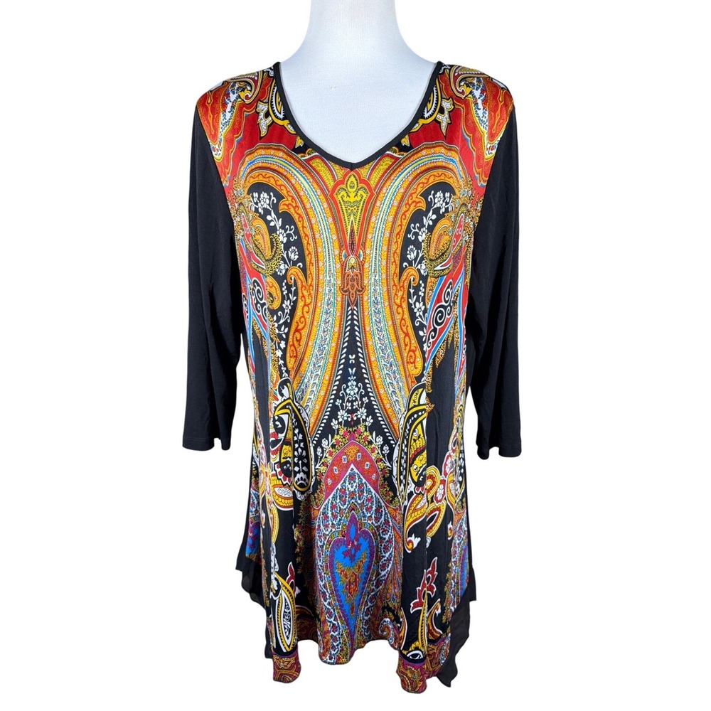 Nygard Womens XL‎ Paisley V-Neck Tunic Top 3/4 Sleeve Black Red Multi 53B1F2046